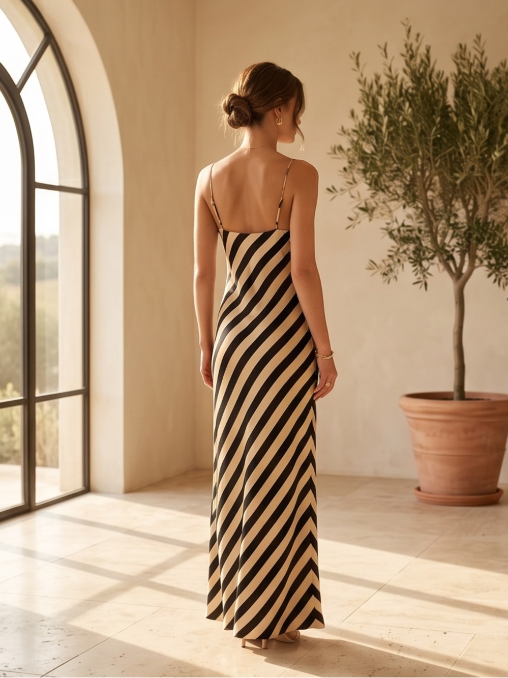 Endless Rose Black and Cream Diagonal Stripe Slip Dress with Spaghetti Straps - Picture 4 of 6